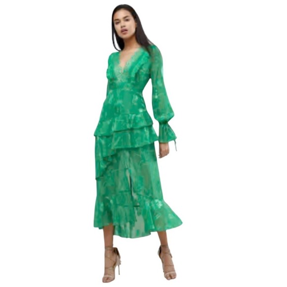 ASOS Dark Pink emerald green maxi dress with asymmetric ruffle/fringe sz 8 - Picture 3 of 10